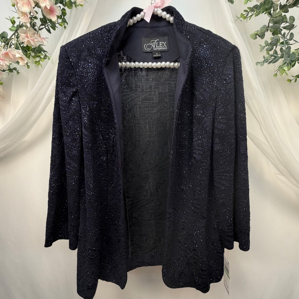 Alex Evenings Navy Blue Sequin Textured Knit Evening Jacket Mandarin Collar 8